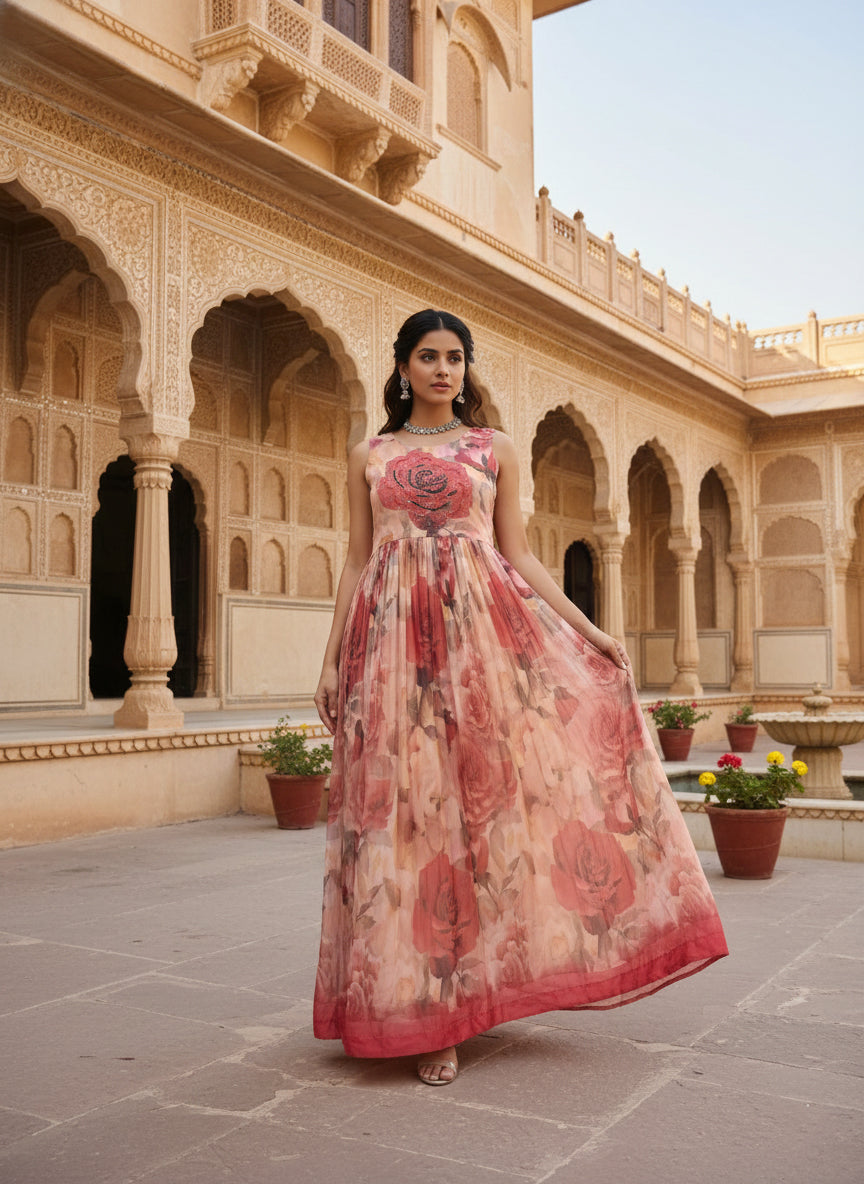 Neerus Pink Floral Digital Printed Georgette Maxi Dress for Festive Wedding  Women – Neerus India