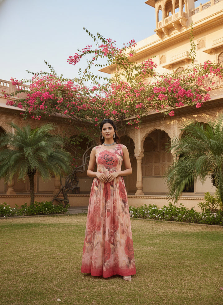 Peach Georgette Floral Digital Print Long Dress