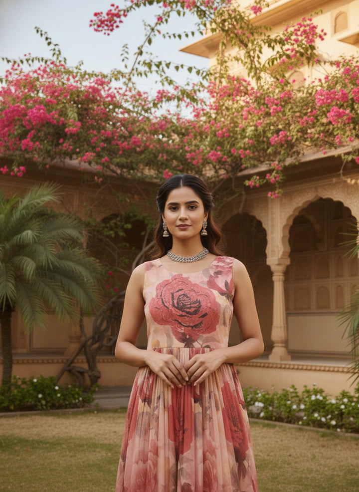 Peach Georgette Floral Digital Print Long Dress