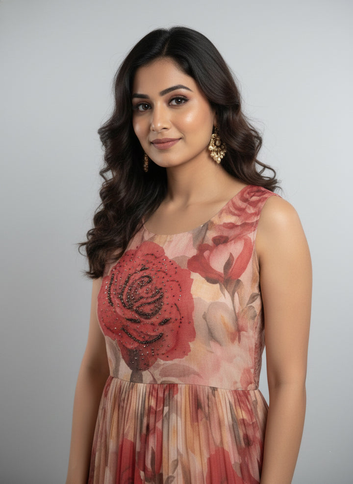 Peach Georgette Floral Digital Print Long Dress