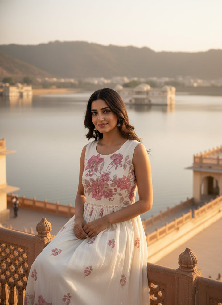 Cream Chiffon Floral Printed Long Dress