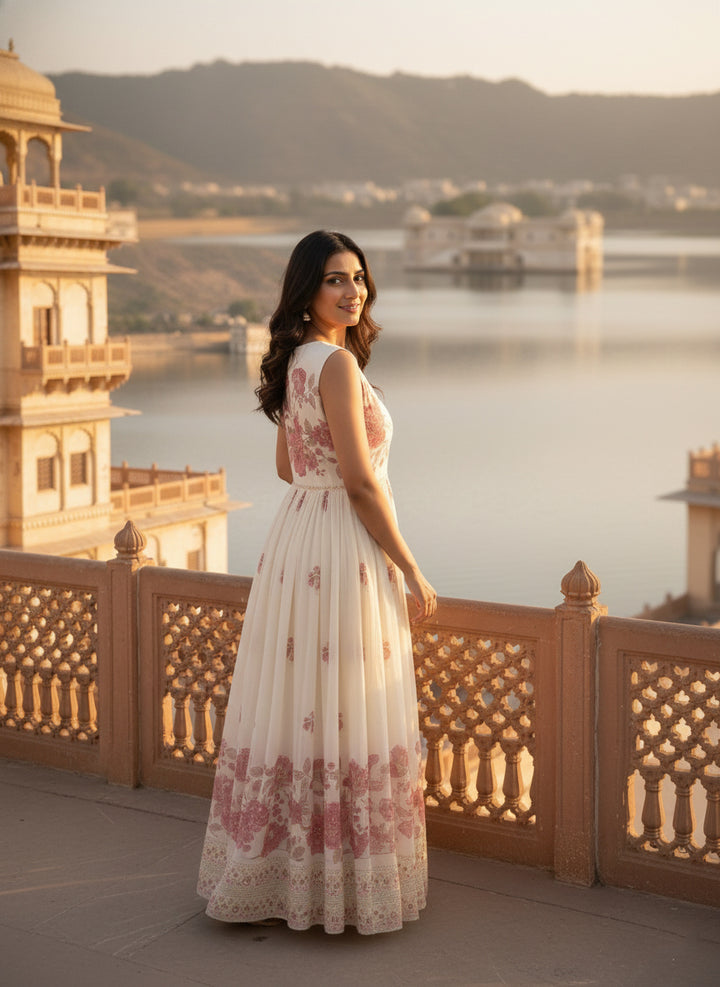 Cream Chiffon Floral Printed Long Dress