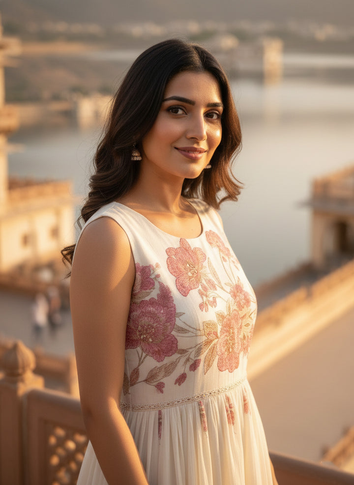 Cream Chiffon Floral Printed Long Dress