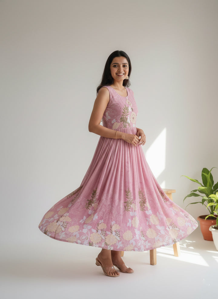 Baby Pink Georgette Floral Digital Print Long Dress