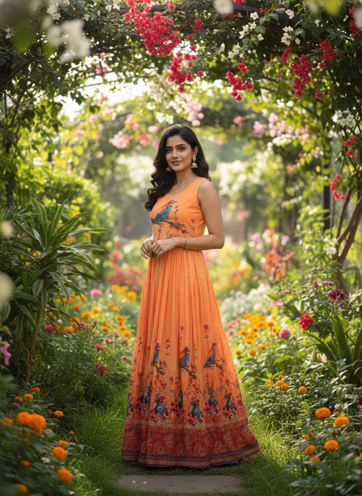 Orange Dola Poly Beads And Stone Printed Long Dress