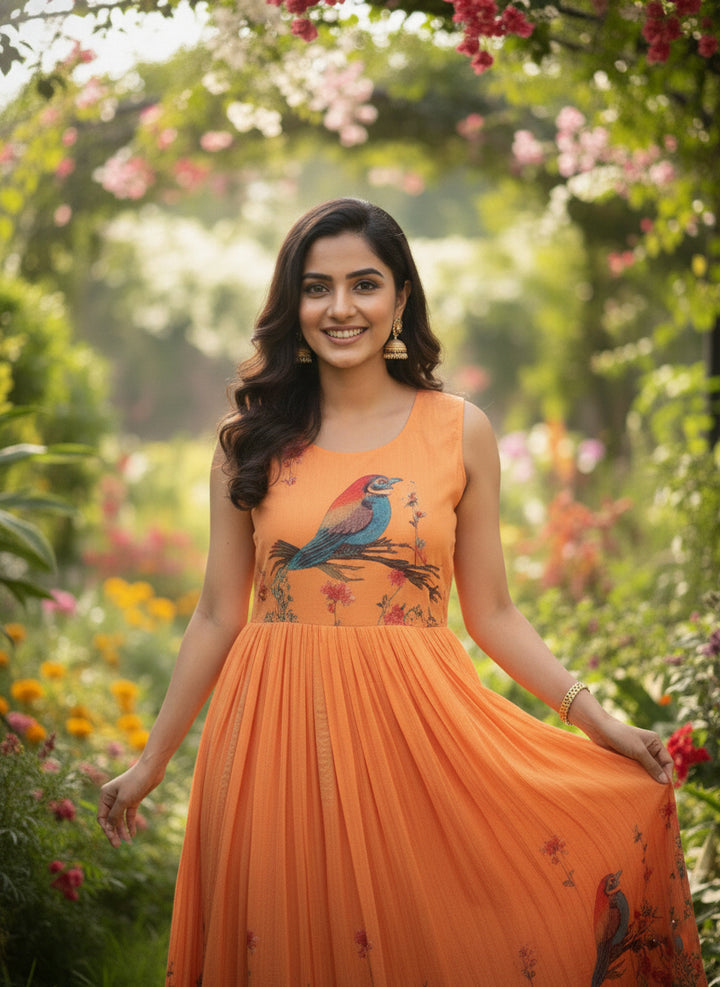 Orange Dola Poly Beads And Stone Printed Long Dress