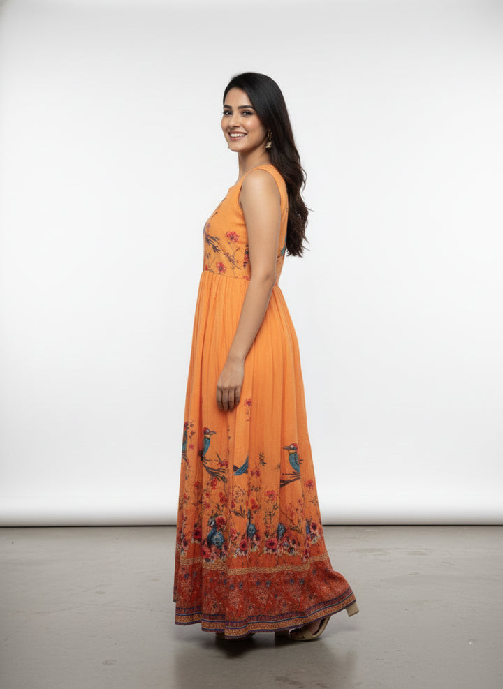 Orange Dola Poly Beads And Stone Printed Long Dress