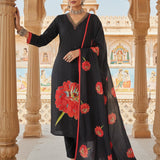 Black Muslin Floral Printed Three Piece Set