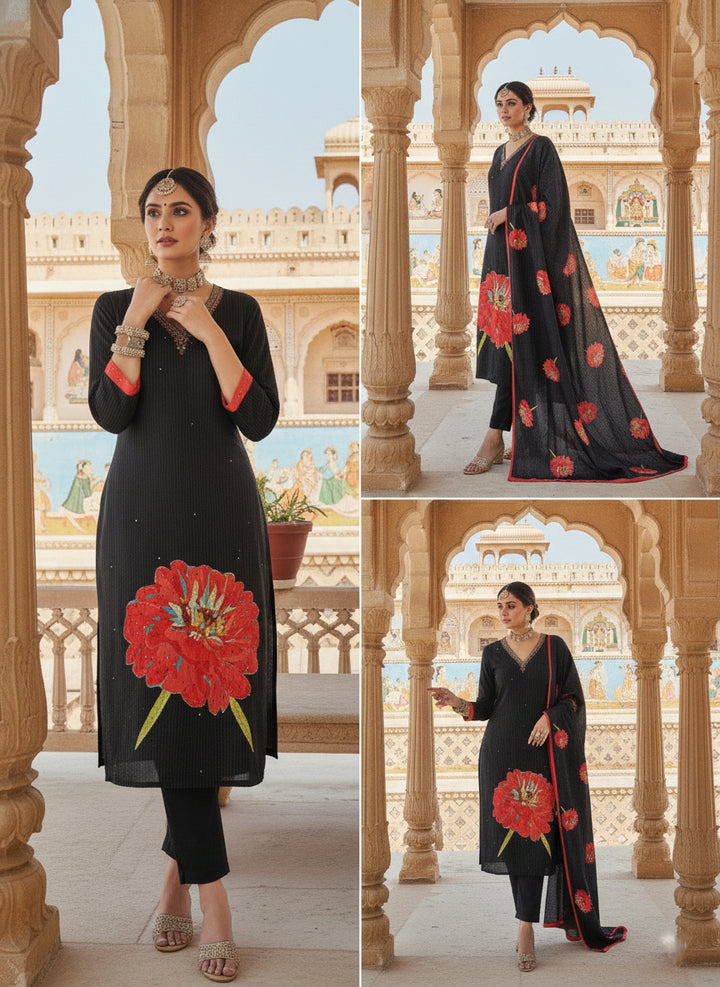Black Muslin Floral Printed Three Piece Set