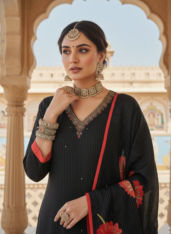 Black Muslin Floral Printed Three Piece Set