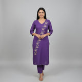 Purple Linen Floral Hand Embroidered Two Piece Set