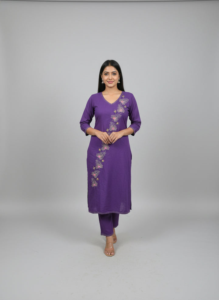 Purple Linen Floral Hand Embroidered Two Piece Set