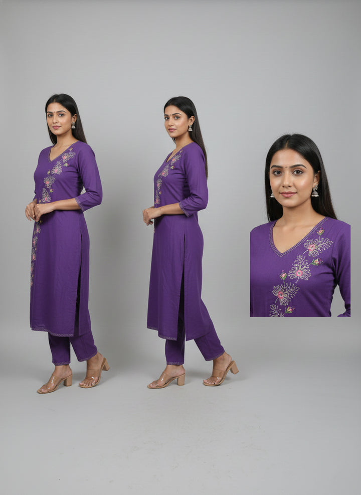 Purple Linen Floral Hand Embroidered Two Piece Set