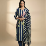 Navy Blue Linen Digital Print Three Piece Set