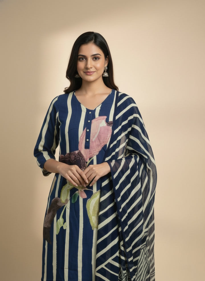 Navy Blue Linen Digital Print Three Piece Set