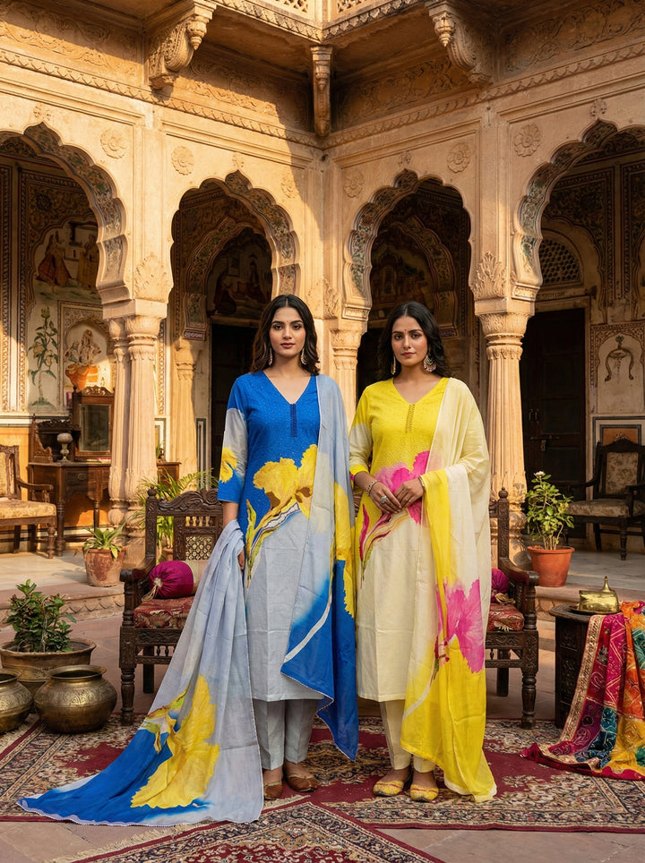 Blue Viscose Printed Three Piece Set