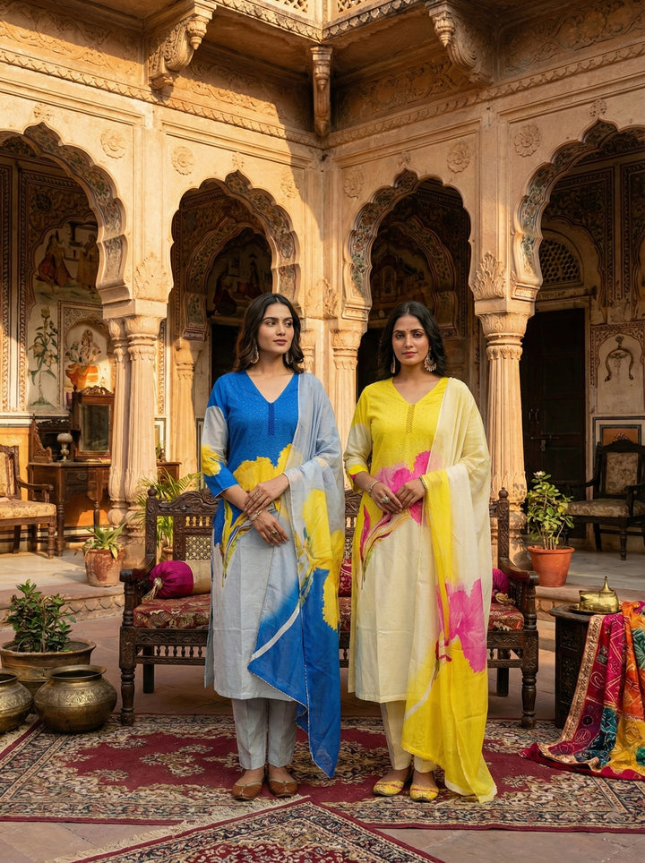 Blue Viscose Printed Three Piece Set