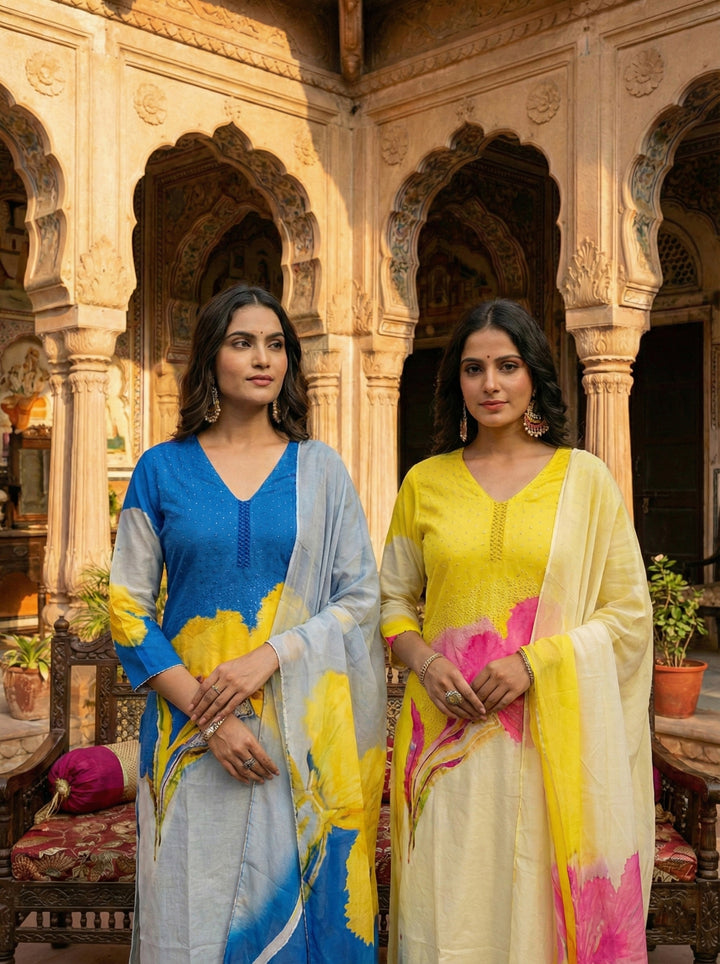 Blue Viscose Printed Three Piece Set