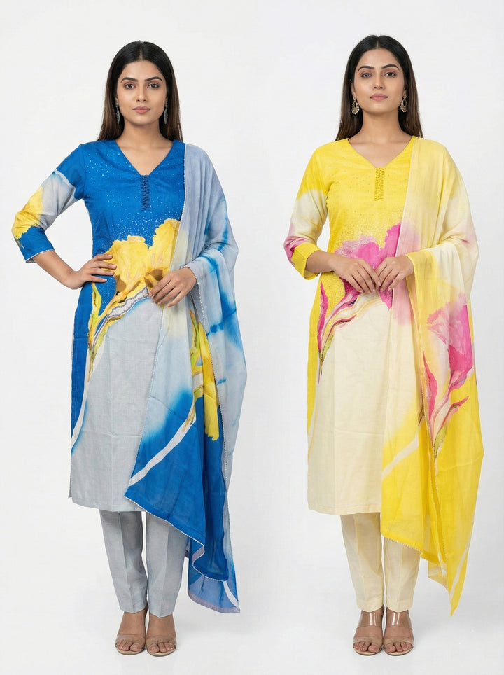 Lemon Viscose Printed Three Piece Set