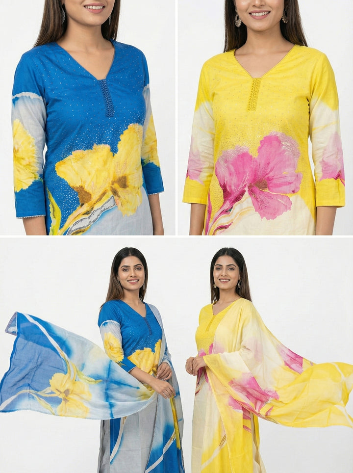 Lemon Viscose Printed Three Piece Set