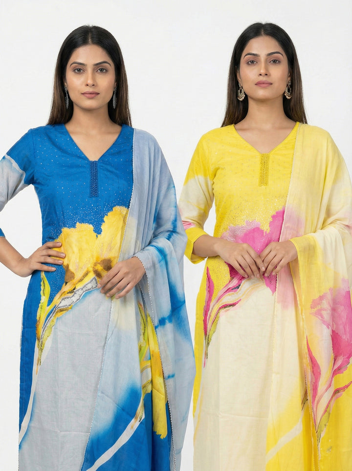 Lemon Viscose Printed Three Piece Set