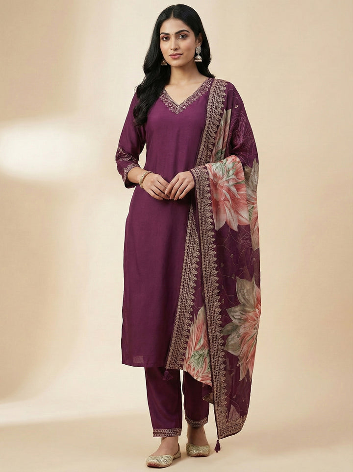 Wine Rayon Three Piece Set