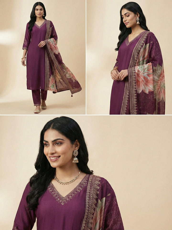 Wine Rayon Three Piece Set