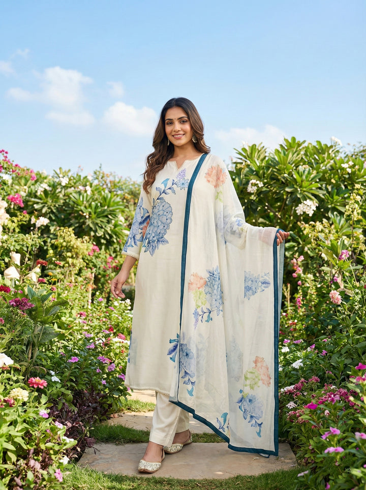 Off White Muslin Floral Printed Three Piece Set