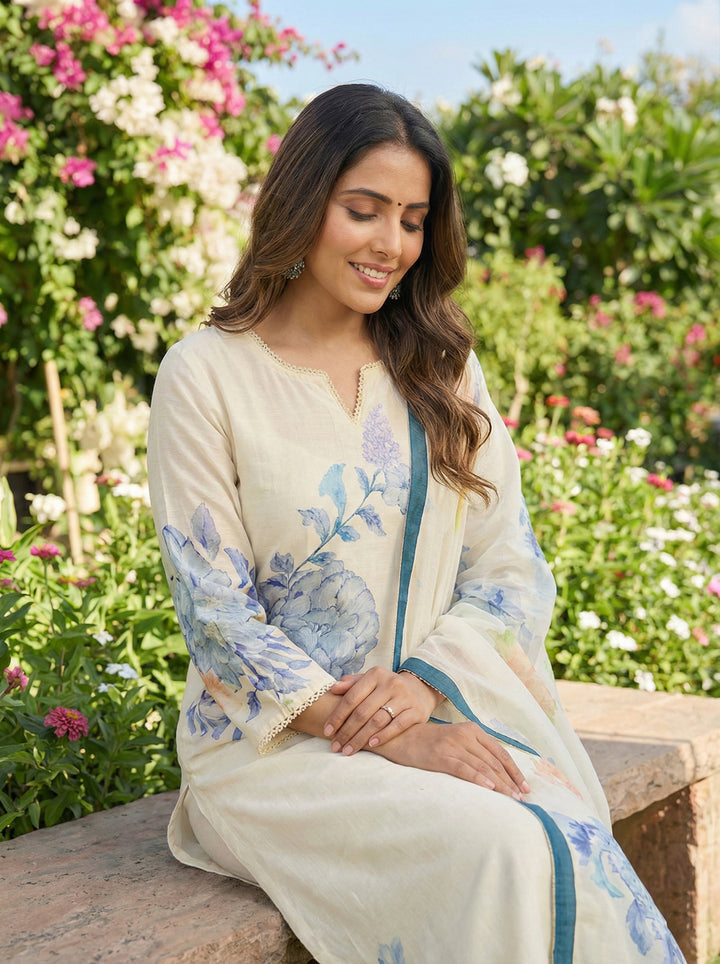 Off White Muslin Floral Printed Three Piece Set