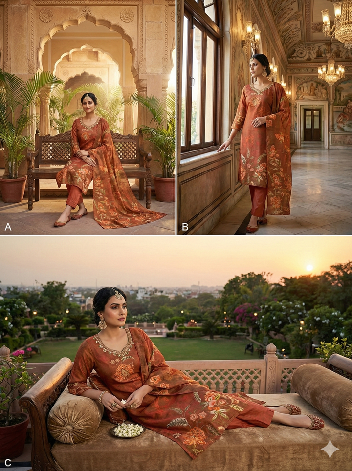 Rust Tissue Floral Printed Three Piece Set