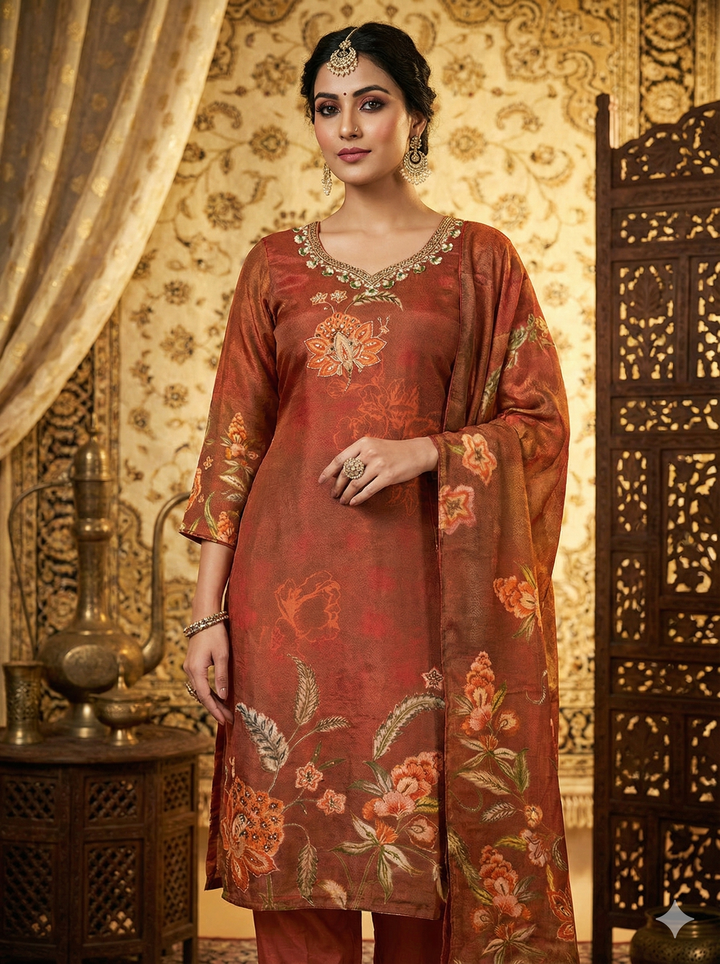 Rust Tissue Floral Printed Three Piece Set