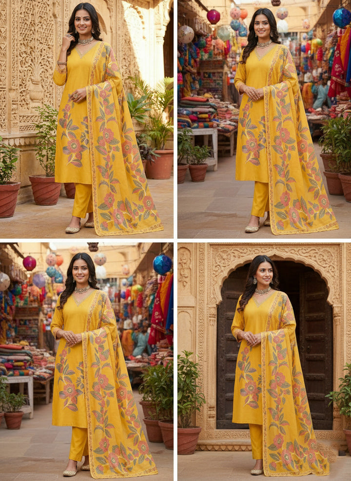 Mustard Chanderi Floral Printed Three Piece Set