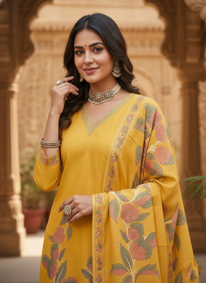 Mustard Chanderi Floral Printed Three Piece Set