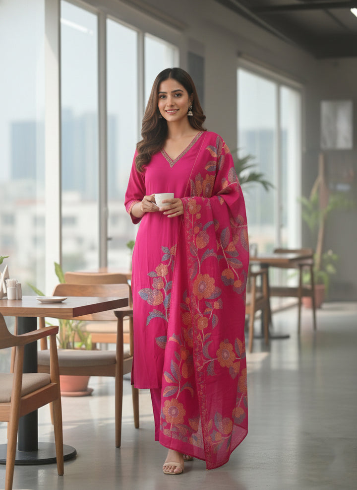 Rani Muslin Floral Printed Three Piece Set