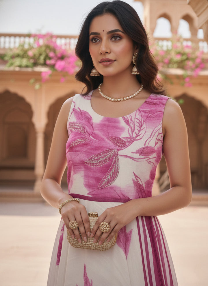 Off White Chiffon Floral Printed Long Dress