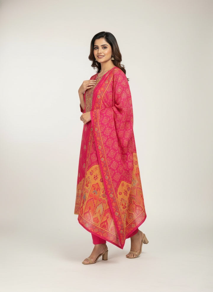 Magenta Muslin Digital Print Three Piece Set