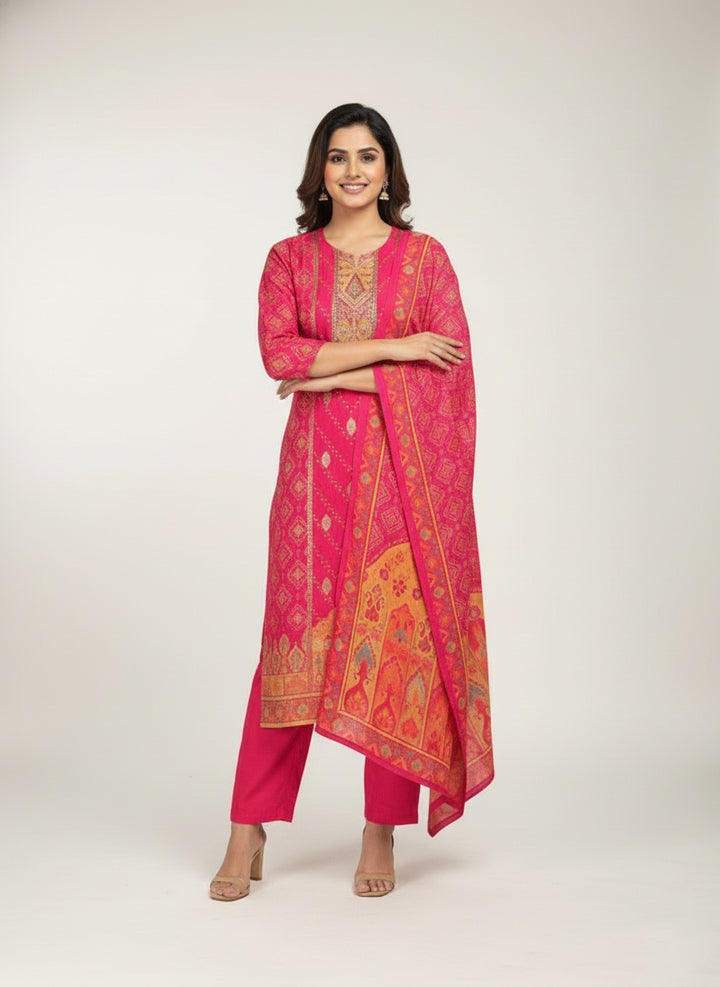 Magenta Muslin Digital Print Three Piece Set