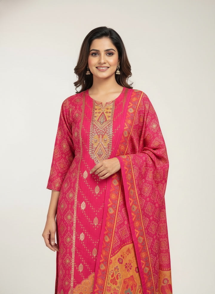 Magenta Muslin Digital Print Three Piece Set