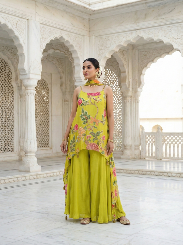Variyali Green Crepe Floral Embroidery Kurta And Palazoo Set