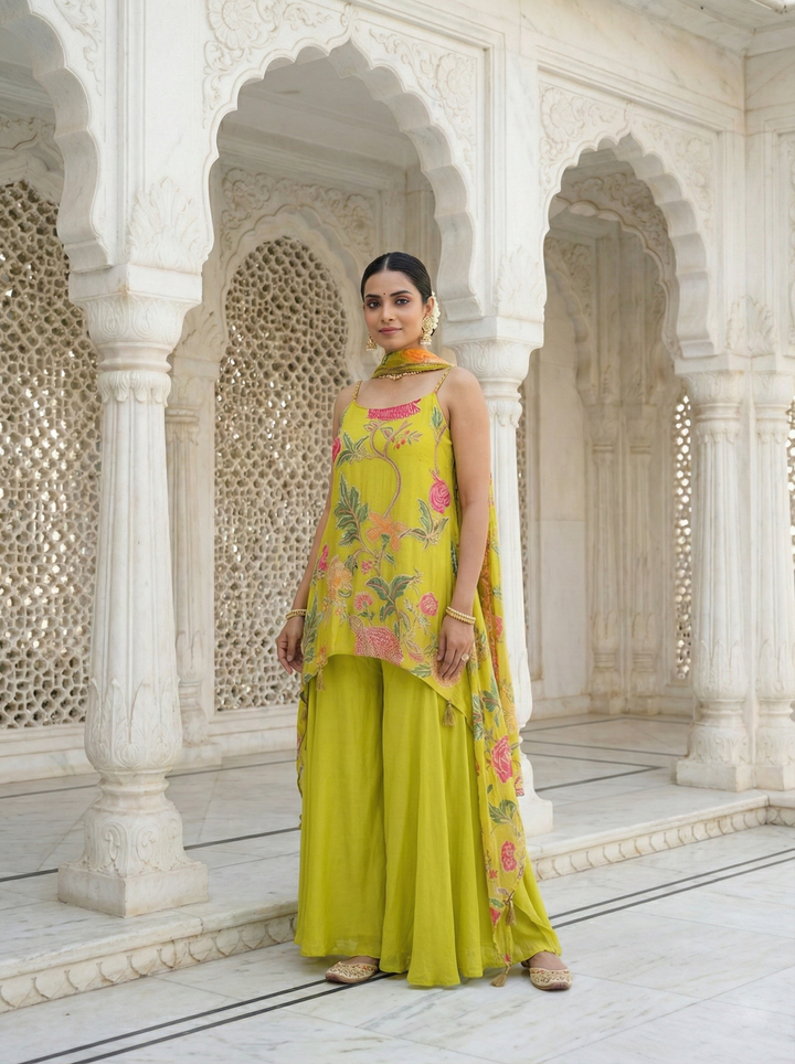 Variyali Green Crepe Floral Embroidery Kurta And Palazoo Set