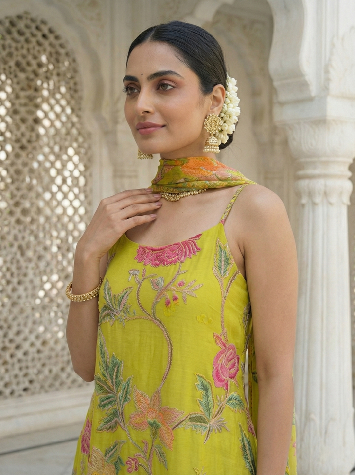 Variyali Green Crepe Floral Embroidery Kurta And Palazoo Set