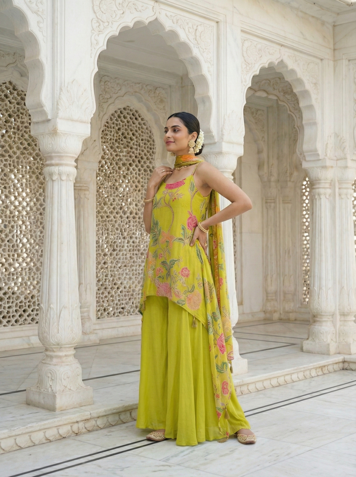 Variyali Green Crepe Floral Embroidery Kurta And Palazoo Set