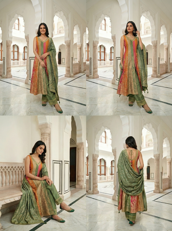 Green Silk Embroidered Anarkali Set