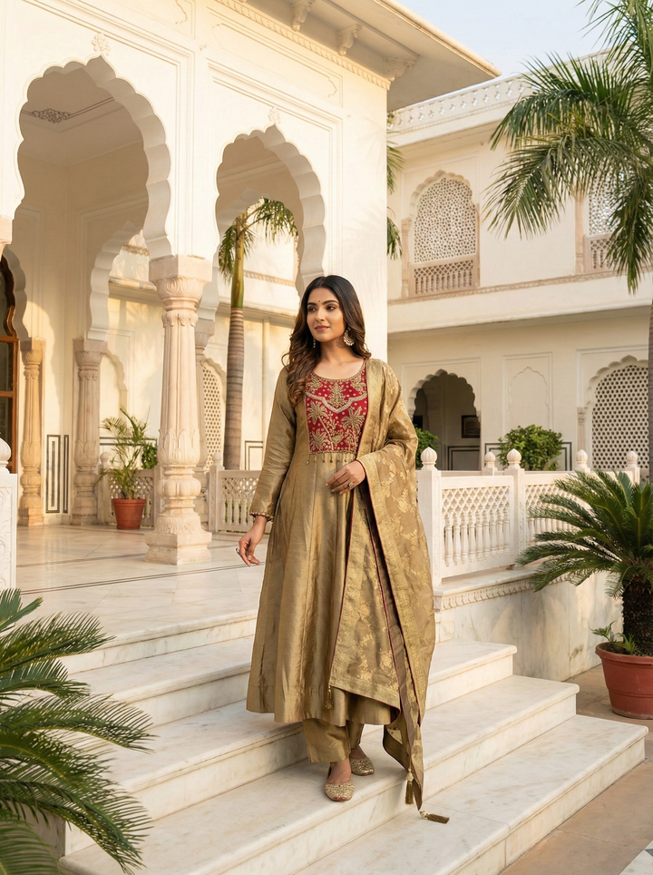 Gold Tissue Zari Embroidered Anarkali Set