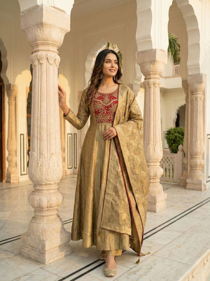 Gold Tissue Zari Embroidered Anarkali Set