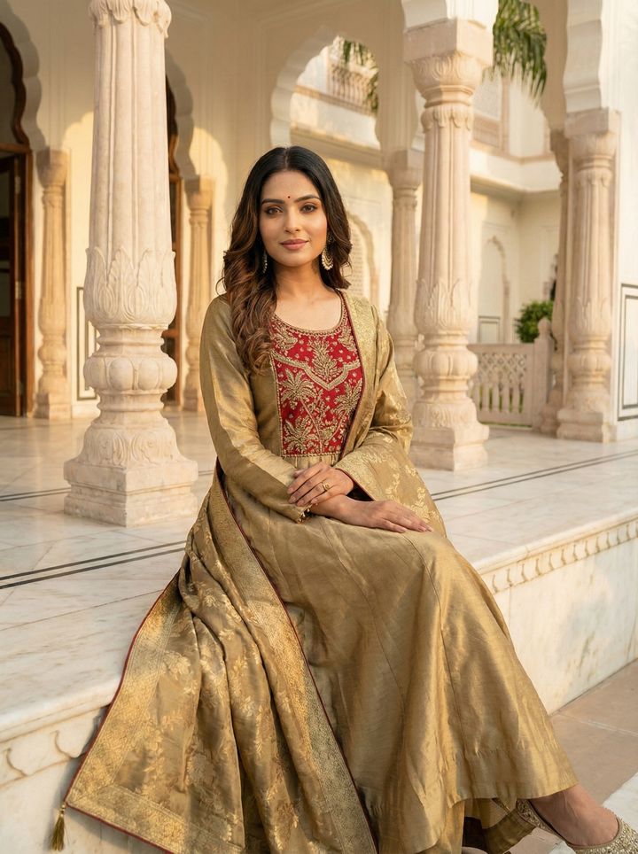 Gold Tissue Zari Embroidered Anarkali Set