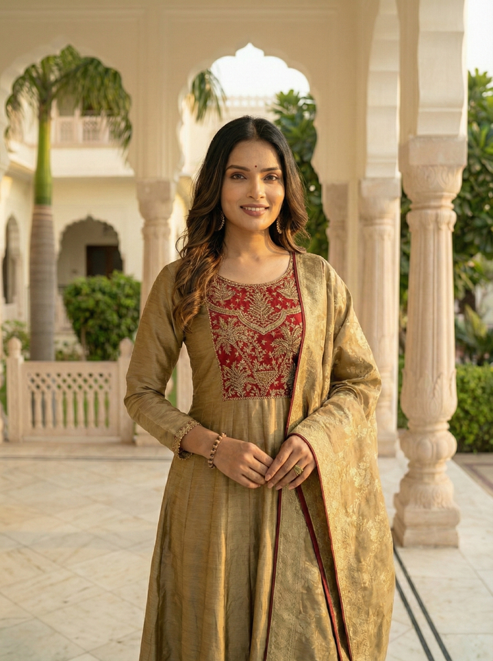 Gold Tissue Zari Embroidered Anarkali Set