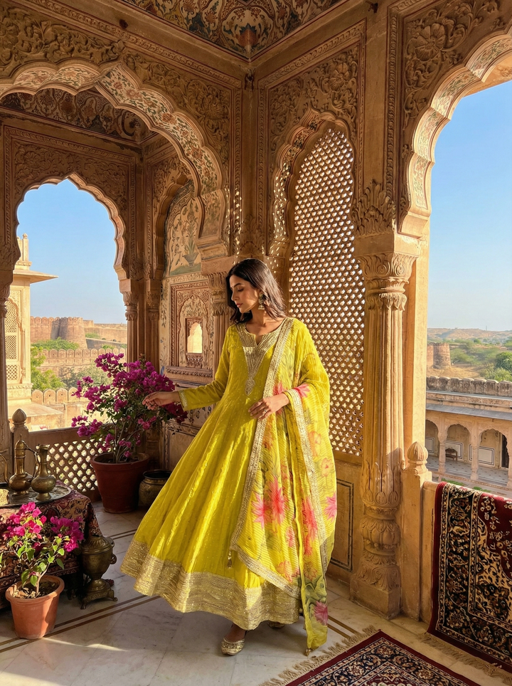 Variyali Green Tissue Fabric Anarkali Set