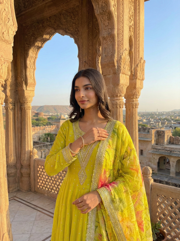 Variyali Green Tissue Fabric Anarkali Set