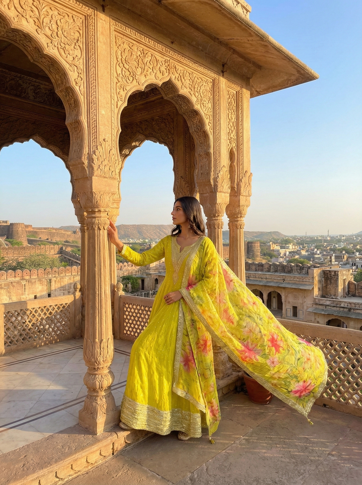 Variyali Green Tissue Fabric Anarkali Set